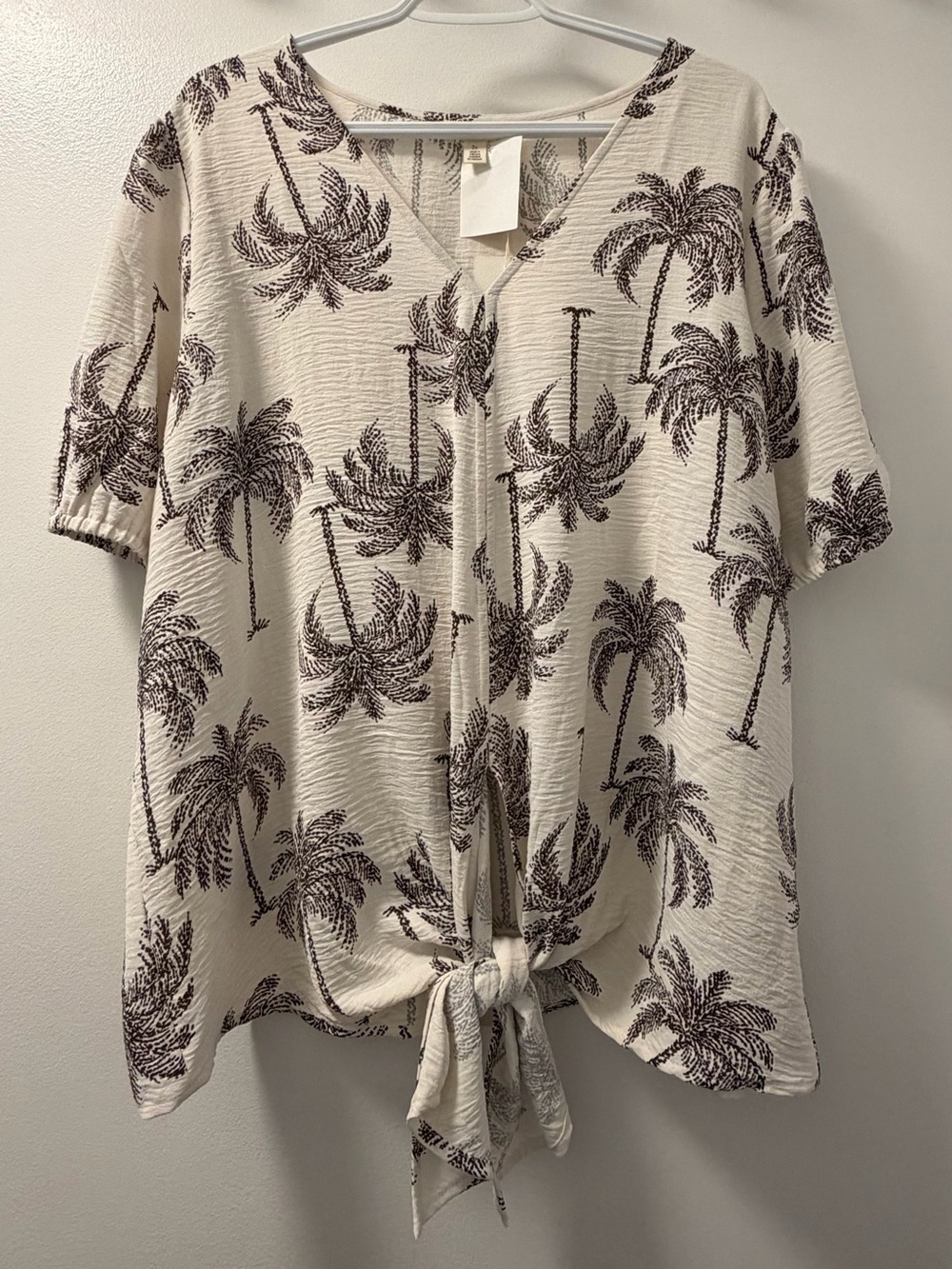 NWT Tamara H. Palm Tree Print Tie Front Blouse Cream Brown US 2X